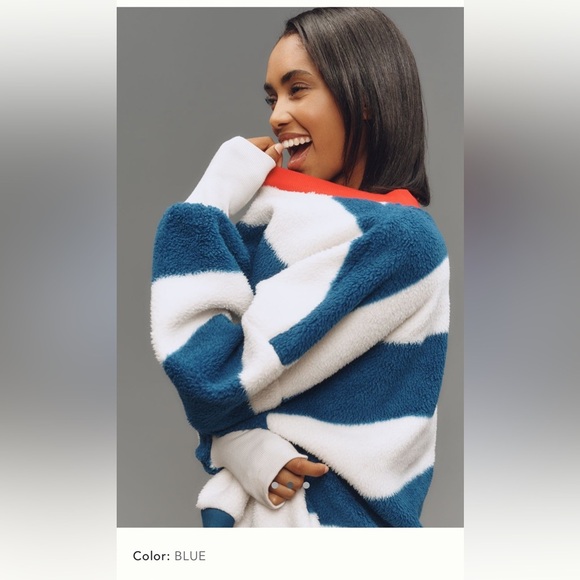 NWT new XS fits small Anthropologie Maeve Sherpa fleece stripe blue sweater top - Picture 9 of 17